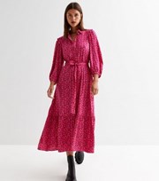 New Look Pink Spot Tie Waist Tiered Midi Shirt Dress